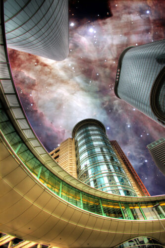 Dramatic cityscape of the Energy Corridor in Houston Texas with Cosmic Backdrop. Kenneth Hudson Photography